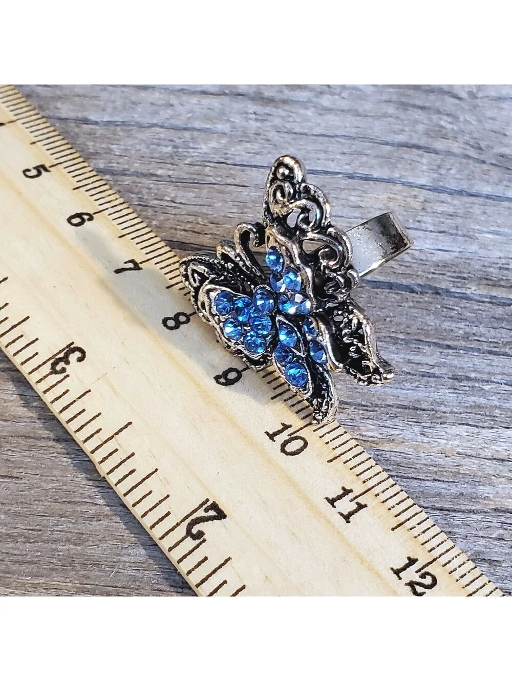Vintage Y2K 90s Blue Crystal Butterfly Silver Adjustable Cocktail Ring